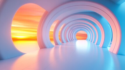 Naklejka premium A futuristic corridor characterized by circular openings provides a modern architectural backdrop for taking in the sunset