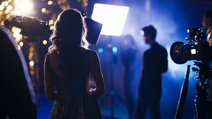 Glamorous film set with actress and crew creating movie magic ambiance