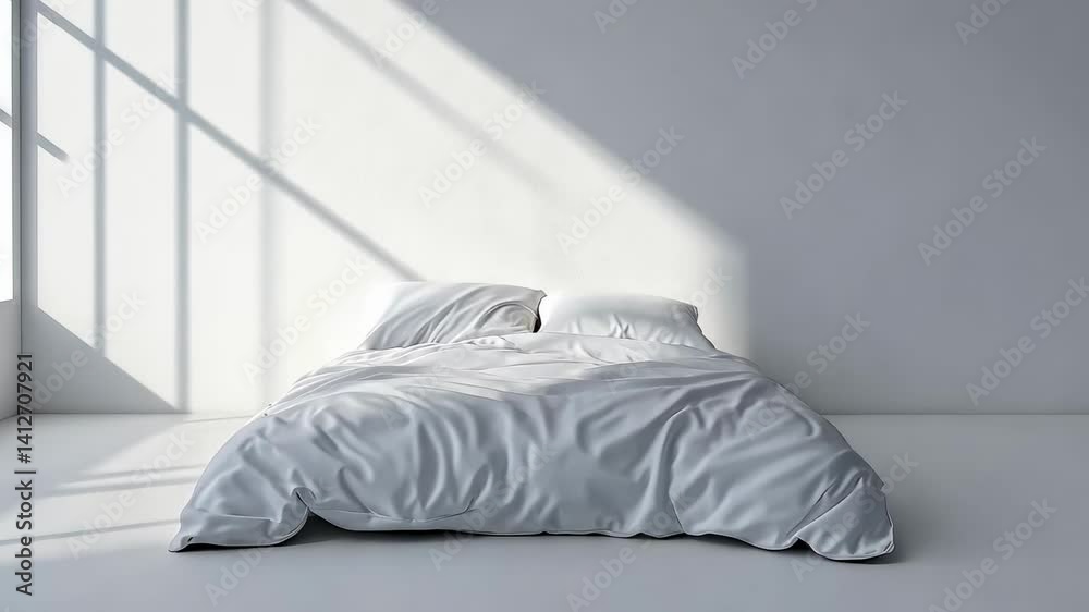 Fototapete Sunlight streams through a large window, illuminating an unmade bed with crumpled sheets and pillows in a minimalist white room, creating a peaceful and relaxing atmosphere