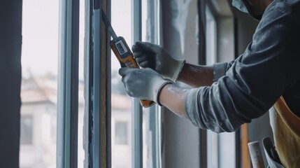 Construction worker applying sealant to windows at a building site. Featuring detail and care