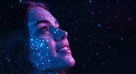 Woman's face with digital neon pattern projected on it. Futuristic technology face scan concept. Cyberpunk aesthetic for background, banner, poster, advertising.