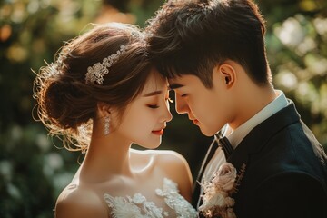 Korean women wearing makeup , wedding dress and have a large voluminous glamorous updo hairstyle with earrings , with a masculine korean man wearing suit , Kissing,  wedding wide shot in a garden