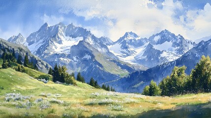 Obraz premium Breathtaking view of towering mountains with snow-covered tops, surrounded by vibrant green fields and trees under a clear, sunny sky