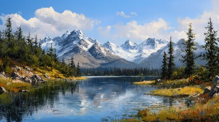 A tranquil lake reflects the stunning snow-capped mountains and vibrant trees under a bright blue sky. Nature flourishes in this peaceful wilderness area