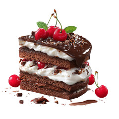 Layered chocolate cake with cream and cherry on top, isolated PNG format, transparent background, high-resolution, suitable for stock image use --v 7.0