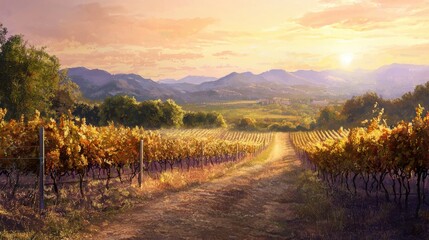 Fototapeta premium Rows of grapevines stretch towards the horizon under a warm golden sunset. Distant mountains frame the view, creating a peaceful ambiance in the countryside