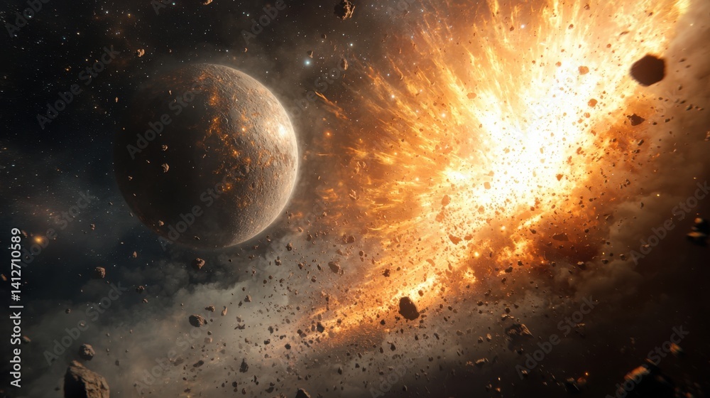 Poster a massive explosion occurs in deep space as asteroids collide, sending debris flying near a distant 