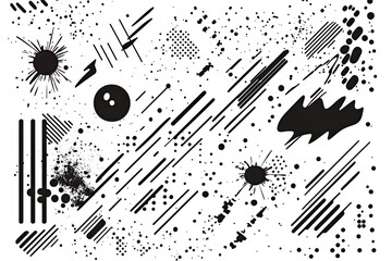 Abstract black ink splatters, lines, and shapes on white