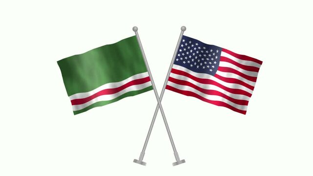 Flag of Chechen and USA, Cross table flag of Chechen and USA on white screen, Chechen and USA 3D Animation flag waving in the wind isolated on white Background. 
