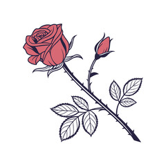 Elegant Black and White Rose Illustration with Leaves &ndash; Hand Drawn Floral Design .