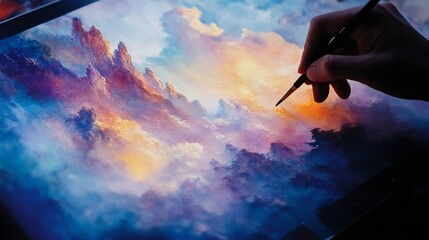 Artist's Hand Painting a Dreamlike Mountain Landscape