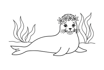 Cute Seal With Flower Crown Coloring Page For Kids And Adults