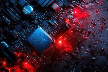 Naklejka premium Wet motherboard with red and blue LED lighting