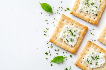Cream Cheese and Herb Topped Crackers with Basil Leaves on White Backdrop