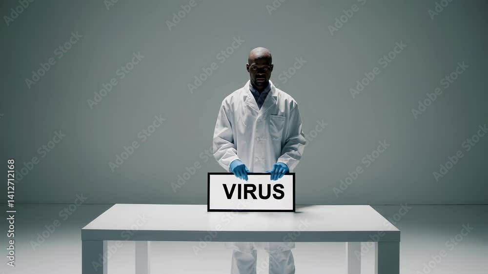 Aufkleber Serious virologist wearing lab coat and gloves shows a sign with the word virus written on it while standing behind a table on a gray background