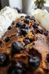 blueberry cake, fresh fruity warm, sweet, crispy, delicious cake