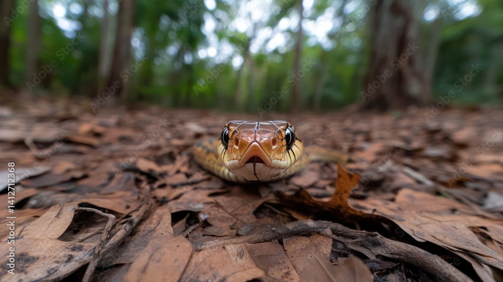 Poster A close up low angle view of a yellow and brown snake on a forest floor covered in fallen leaves. The focus is sharp on the snake's head, with blurred trees creating a depth in the background