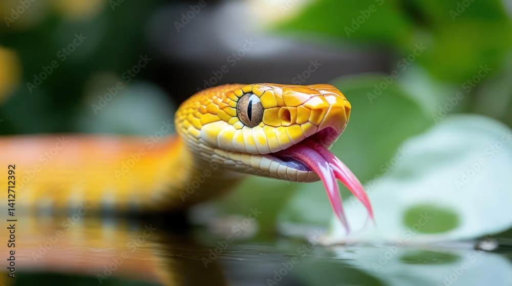 Poster a vibrant close-up captures an orange snake with its mouth open, tongue forked and extended, set aga