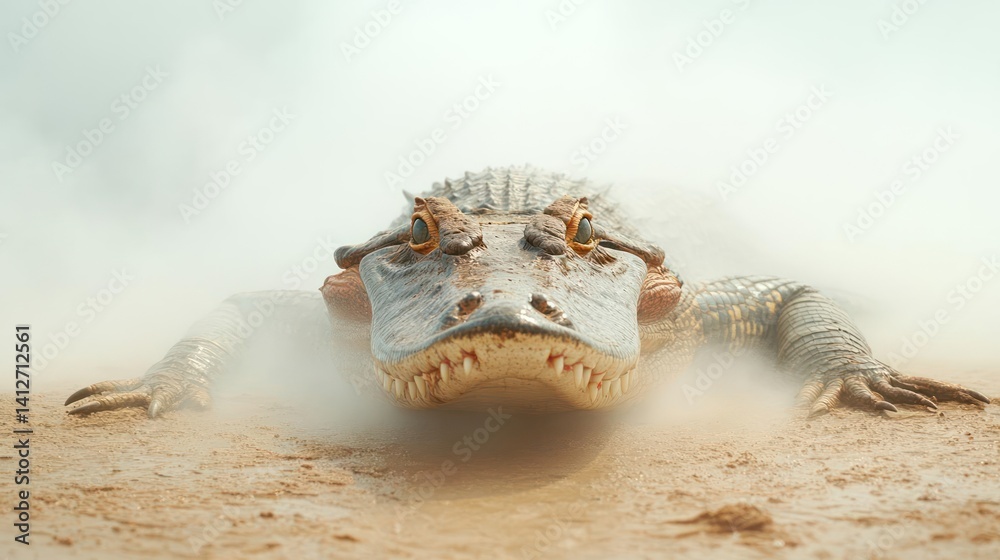 Poster a low-angle shot of a large alligator in a sandy environment, partially obscured by mist or dust. th