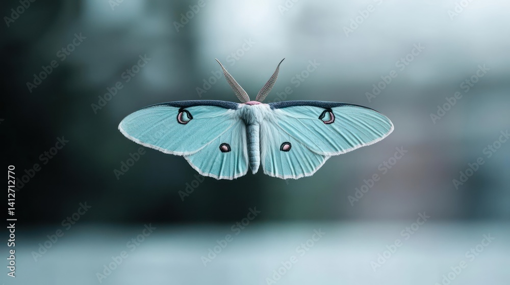 Poster macro shot of a light blue luna moth with red spots on its wings, set against a blurred background. 