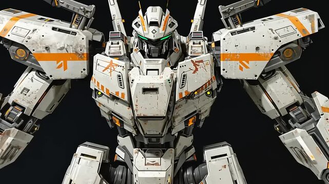 Weathered white mech, orange accents, detailed weaponry, imposing stance