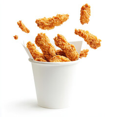 Crispy fried chicken tenders falling into a white paper cup against a white background