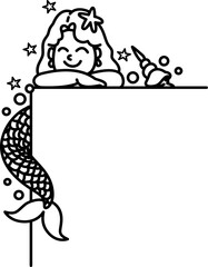 Mermaid cartoon outline corner border frame 