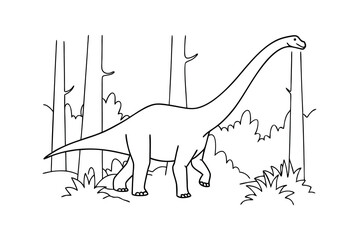 Brontosaurus Dinosaur Outline In Forest Cute Cartoon Black And White Illustration © pankajkumar
