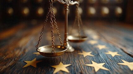 Justice Scales with Law, Legal, Stars, and Wood.
