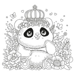 Cute panda in a crown sits among flowers. Coloring page. Black and white illustration for coloring.