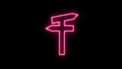 Obraz premium Neon road sign on black background. Minimalist signpost with blank directional arrows against bright black background.