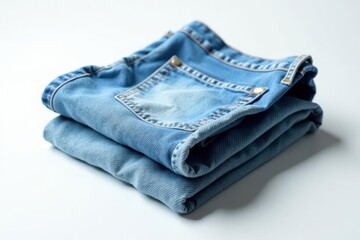 Faded light wash jeans, neatly folded on white , vintage jeans, washed