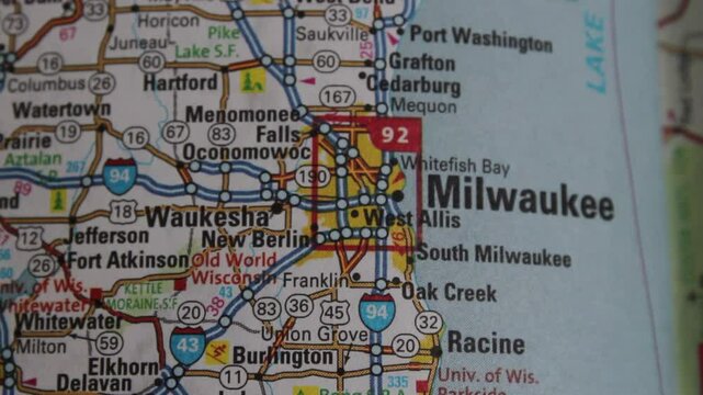 Close up of the USA on a map with Milwaukee in sharp focus. Milwaukee on a map 
