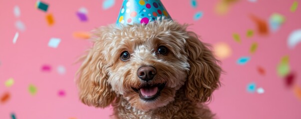 A happy Golden Doodle dog wearing a blue party hat surrounded by confetti