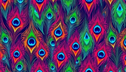 Fototapeta premium Horizontal seamless pattern of vibrant peacock feathers in vector format, ideal for backgrounds, animal, bright