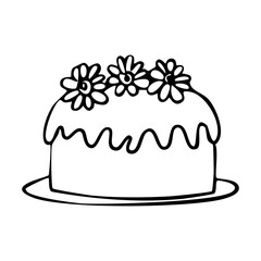 A cake with three flowers on top of it. The cake is white and has a frosting