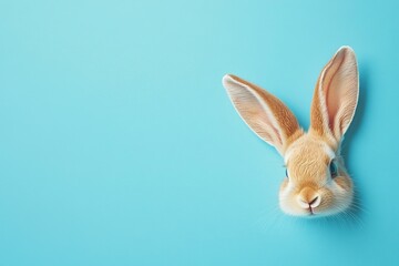 A cute rabbit ear sticking out from the bottom right corner of an isolated blue background, easter concept, high resolution photography.