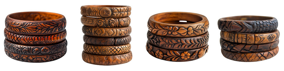 Handcrafted wooden bangles intricately carved multiple designs on transparent background