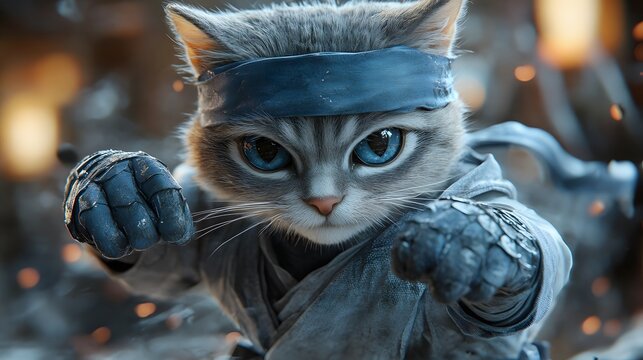 Vibrant Anthropomorphic Cat in Detailed Ninja Outfit Emitting Powerful Blue Energy Through Sharingan in a Cinematic Ultra-Wide Movie Still