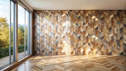 Modern Room Interior Design with Herringbone Wood Flooring and Wall