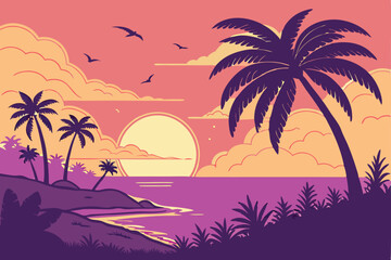 16 Tropical sunset, vibrant color palette, silhouetted palm trees, large sun on horizon, gradient sky, purple to orange, calm ocean reflections, tropical island landscape, vector art style, smooth gra