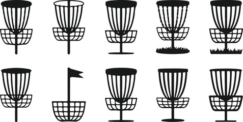Silhouette vector illustrations of disc golf baskets chain target icons, outdoor sports equipment, frisbee golf course graphic elements