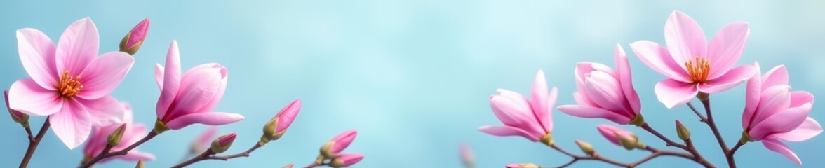 Illustration of pink magnolia flowers on a pastel blue background, delicate, petals, ornamental
