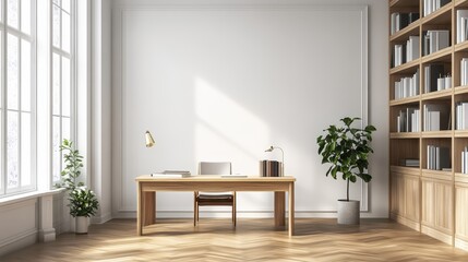 White walls with light wood bookshelves, wooden desk and chair in the corner of an office space with large windows and parquet flooring. Mockup concept for interior design, 3D rendering