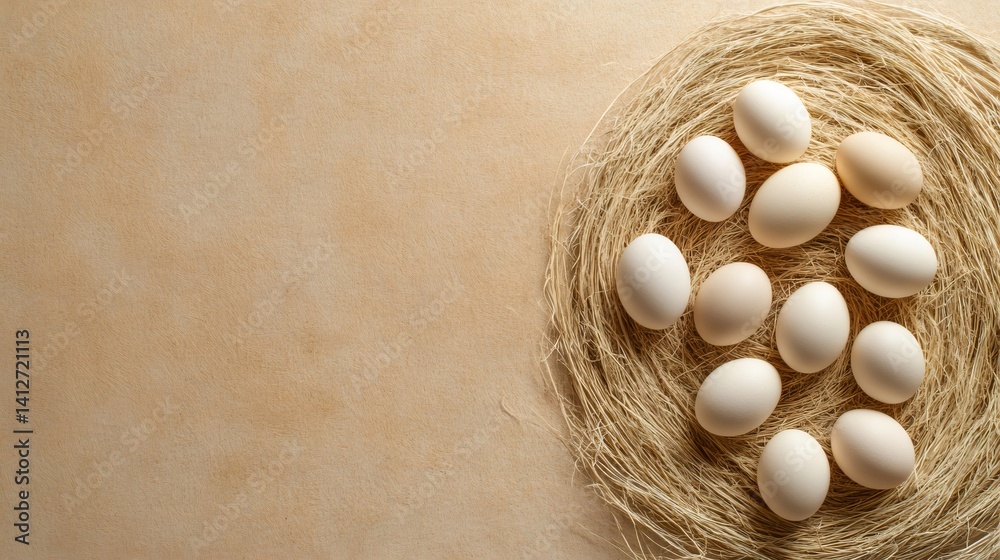 Poster Fresh organic eggs are nestled in a straw nest. Evoking the essence of farm fresh goodness and healthy eating habits. With a textured background providing ample copy space for text or design elements