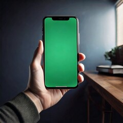 Hand Holding Smartphone with Green Screen Indoors near Wooden Desk