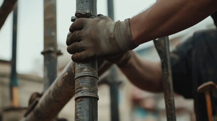 Construction worker assembling a scaffold at a site. Featuring teamwork and strength