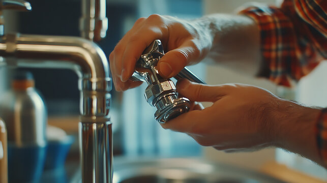 Plumber tightening pipe joints for a kitchen sink installation. Highlighting plumbing fixture installation and connection work