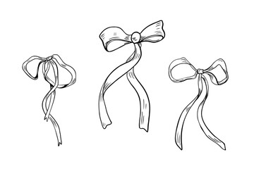 Bow set hand drawn black white outline vector illustration. Coquette bow clipart graphic sketch. Satin gift bow with ribbon line art drawing for design floral labels, festive card, packaging.