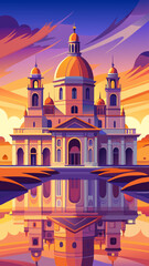 A large, empty cathedral with a bright sun shining through the stained glass windows. The light casts a warm glow on the stone pillars and the colorful mosaic floor. Concept of peace and serenity